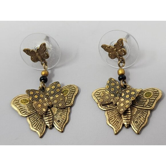 Set Of 3 Pairs Of Earrings: Silver Tone Teardrop Green Stud Gold Butterfly Desig - Picture 4 of 6